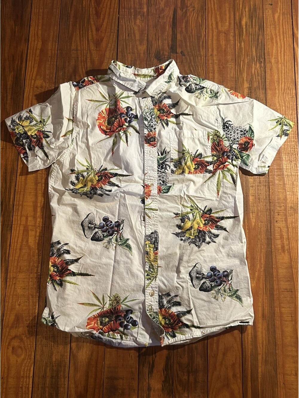 ON THE BYAS Short Sleeve Hawaiian Shirt-White/Orange/Green-SZ MD 100% Cotton